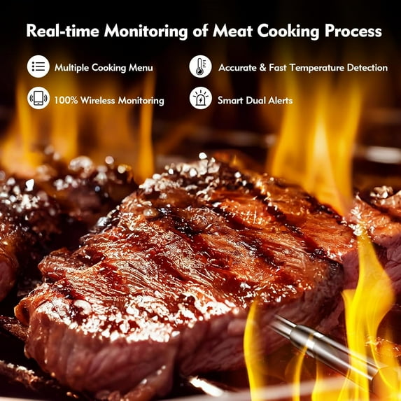 Wireless Meat Thermometer with 500FT Remote Monitoring, Dual Alarm, Accurate Temperature Detection for Grilling, BBQ, Oven