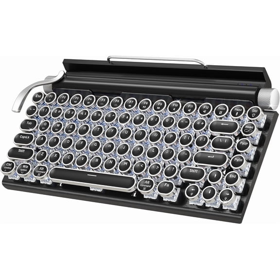 Wireless Mechanical Gaming Keyboard with Bluetooth 5.0, Vintage 83-Key Design, Blue Switches, Punk Round Keycaps, LED Backlight, Compatible with PC/Laptop/Tablet/Phone, Wood Frame
