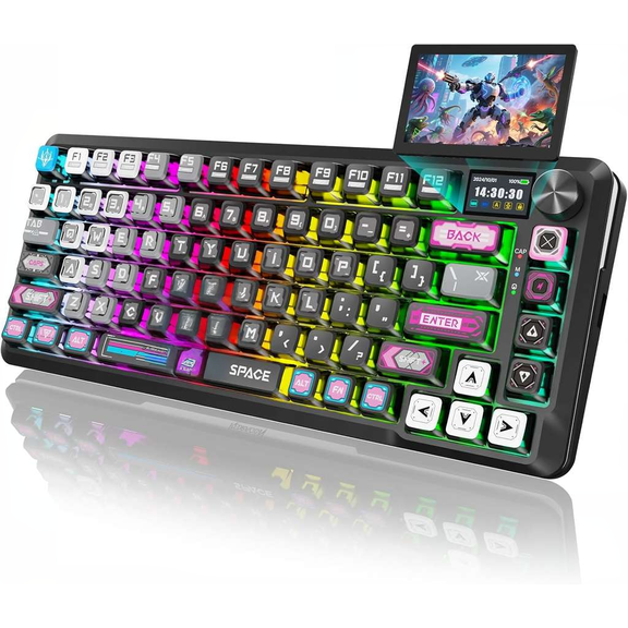 Wireless Mechanical Gaming Keyboard with Gasket Mount RGB Backlight Custom Keys 3-Mode Bluetooth 2.4G USB Hot-Swap Pre-Lubed Switches Screen and Control Knob Plasma Arc