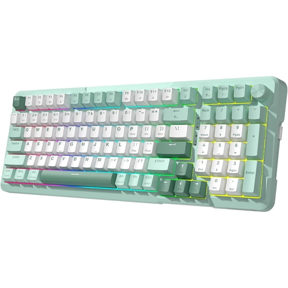 Wireless Mechanical Gaming Keyboard with Knob, Bluetooth 5.0/2.4GHz/USB-C Wired, Creamy Color, Number Pad, RGB Backlight, Hot-Swappable Linear Switches, Green