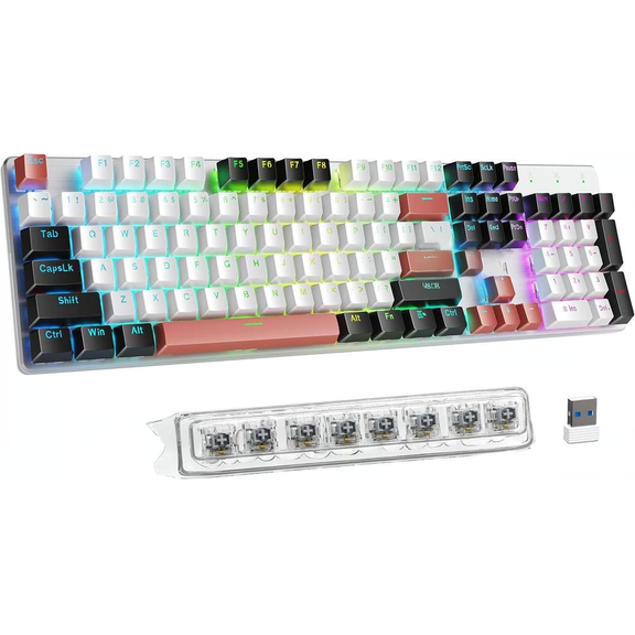 Wireless Mechanical Gaming Keyboard Tri Mode BT 2.4G USB-C Hot Swappable RGB Backlit PBT Keycaps Programmable White Black Red