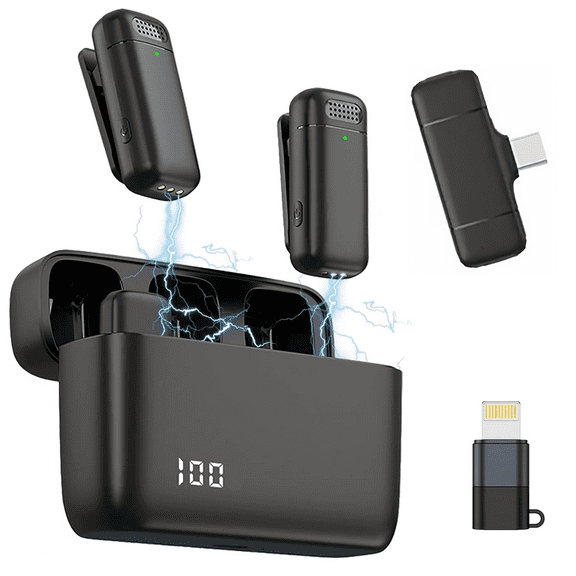 Wireless Microphone with 2 Microphone for iPhone iPad,Type-c,Plug-Play Auto-Pairing Auto-Connection Mini Clip-on Lapel Lavalier Tiny Rechargeable Microphone for Live Youtube Tiktok Recording Interview