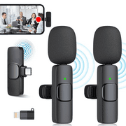 Wireless Microphone with 2 Microphones for Plug and Play Wireless Lavalier Microphone, Auto Pairing Connection Mini Clip Microphone for Mobile Video Recording, Interview Recording