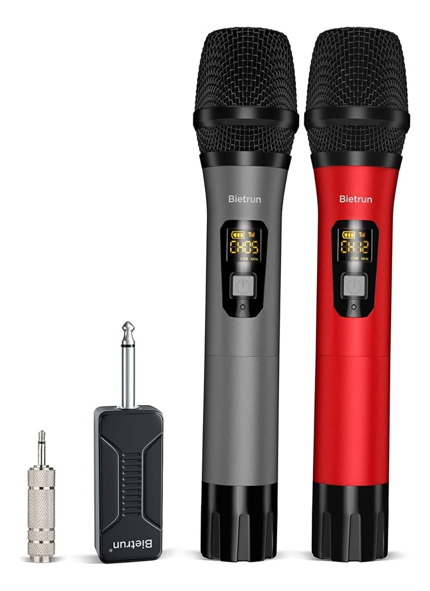Wireless Microphone, Bietrun UHF Metal Dual Handheld Cordless Dynamic Mic System with Rechargeable Receiver, 1/4‘’Output, for Karaoke, Church, Speech, Wedding, Party Singing(160 ft Range)
