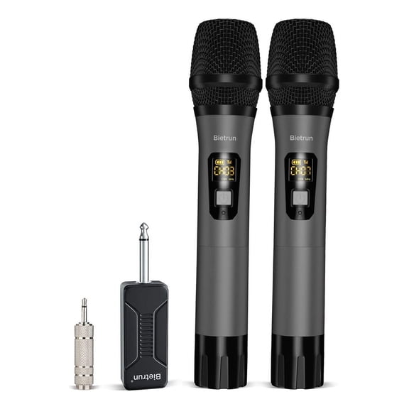 Wireless Microphone, Bietrun UHF Metal Dual Handheld Cordless Dynamic Mic System with Rechargeable Receiver, 1/4‘’Output, for Karaoke, Church, Speech, Wedding, Party Singing(160 ft Range)