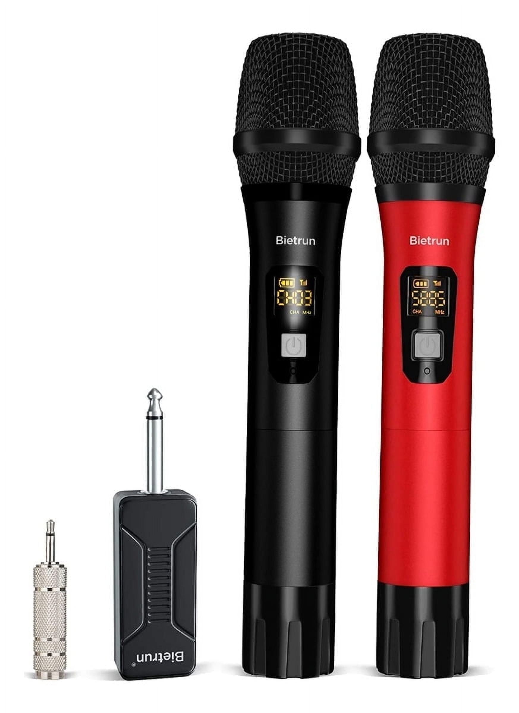 Wireless Microphone, Bietrun UHF Metal Dual Handheld Cordless Dynamic Mic System with Rechargeable Receiver, 1/4‘’Output, for Karaoke, Church, Speech, Wedding, Party Singing(160 ft Range)