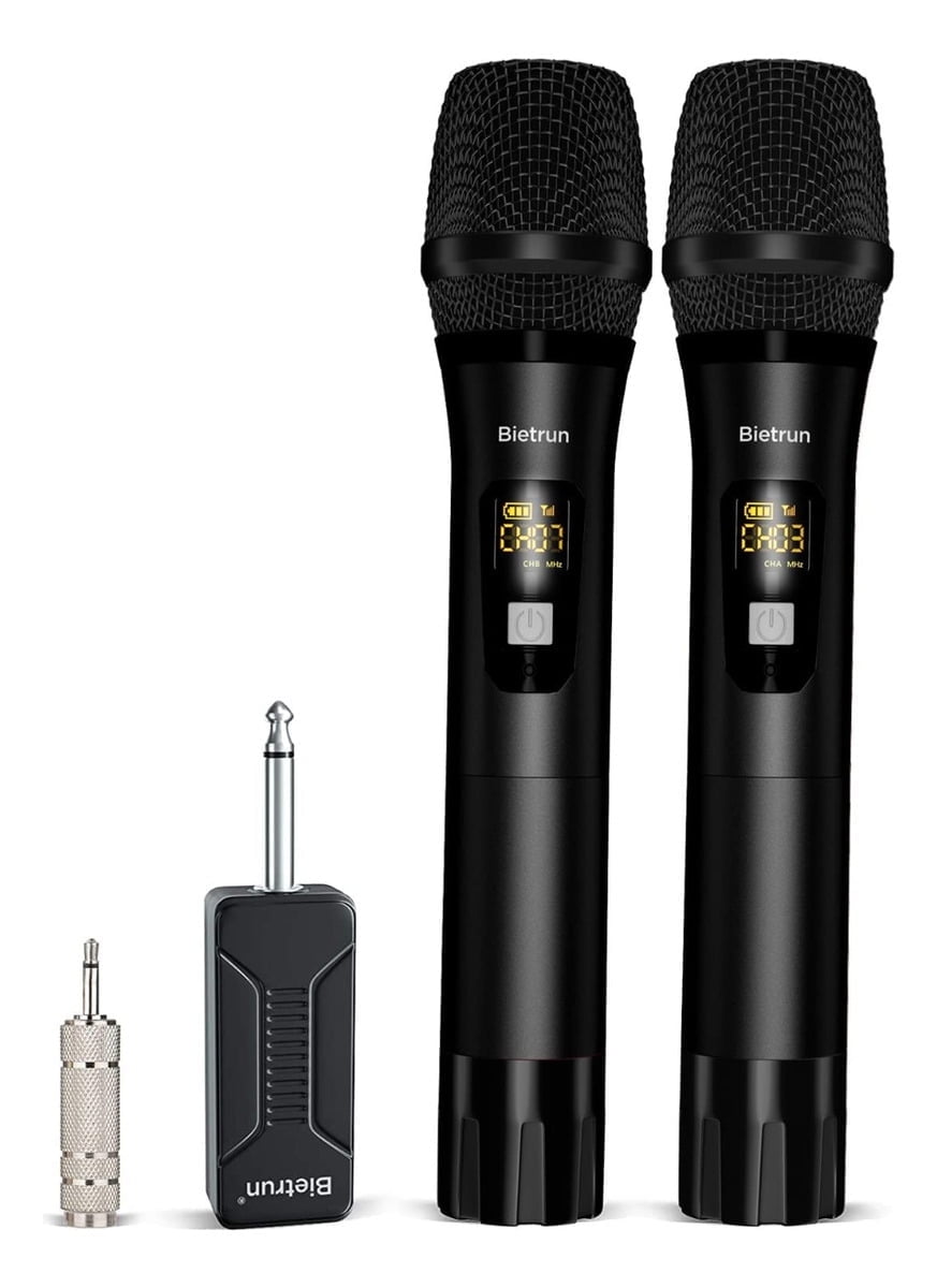 Wireless Microphone, Bietrun UHF Metal Dual Handheld Cordless Dynamic Mic System with Rechargeable Receiver, 1/4‘’Output, for Karaoke, Church, Speech, Wedding, Party Singing(160 ft Range