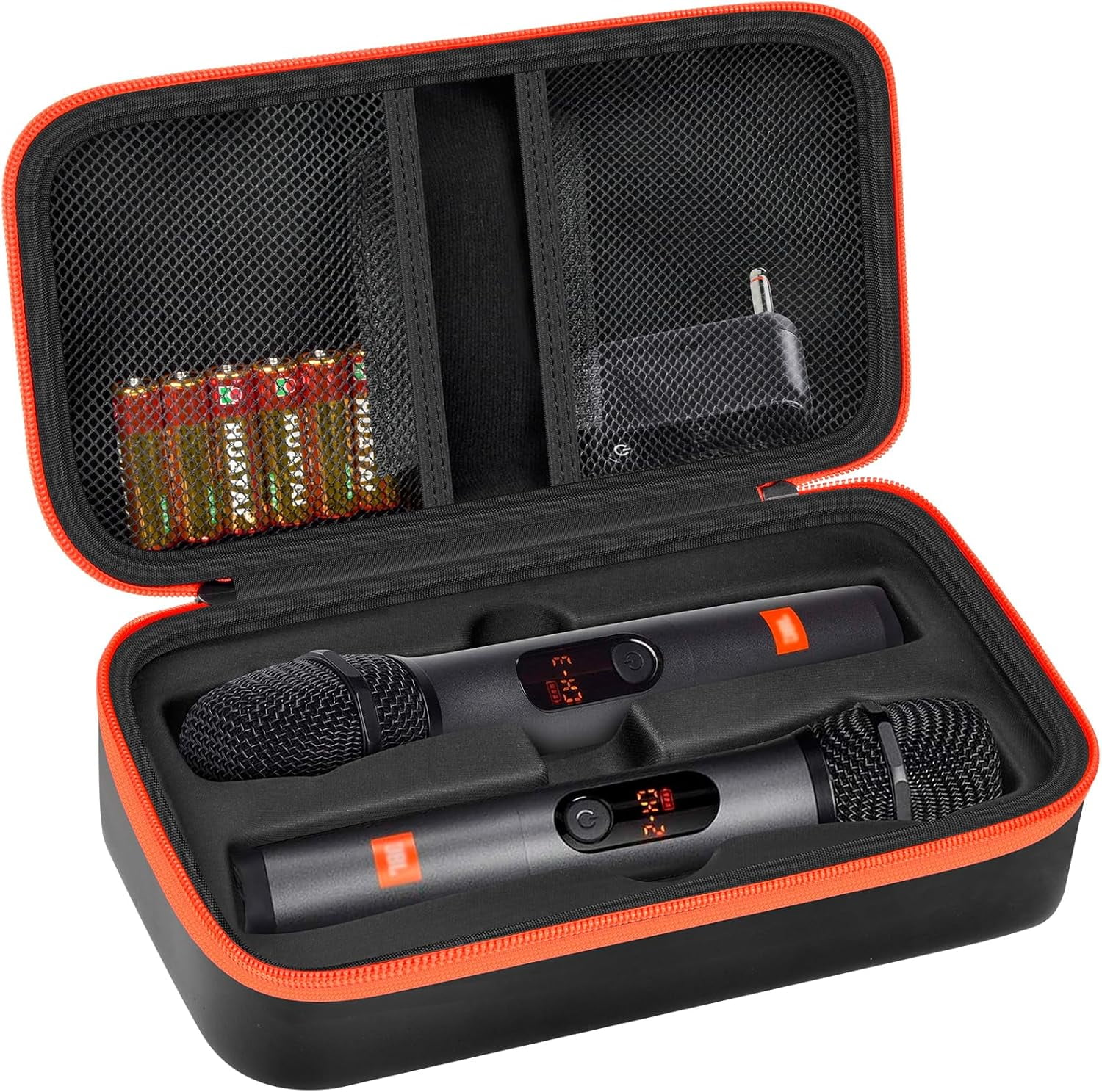 Wireless Microphone Case Compatible with JBL Wireless Two Microphone System, Handheld Dual Mic Travel Bag for Singing or Karaoke for Receivers, Adapters, AA Batteries-Black (Box Only)