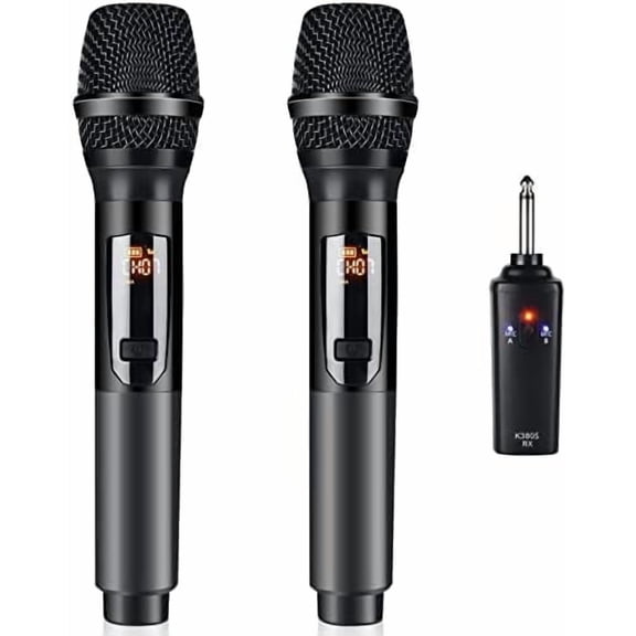 Wireless Microphone, K380S Dual Cordless Metal Dynamic Mic System with Rechargeable Receiver, for Karaoke Singing, Wedding, Party, Speech, Church, Meeting$$Music