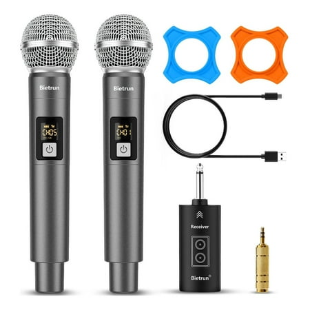 Wireless Microphone,Plug&Play Microphone for Singing,Karaoke,Dual Cordless Dynamic Handheld Wireless Mic with Rechargeable Receiver for 1/4'',1/8'',Clear Sound for Adult,Wedding,Party,Church,UHF 98FT