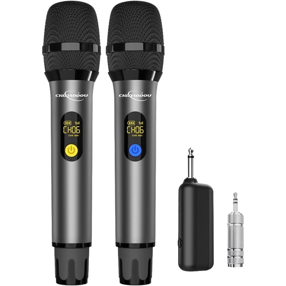 Wireless Microphone, Professional UHF Metal Dual Handheld Cordless Dynamic Microphone with Rechargeable Receiver, 164 Ft, Plug and Play, 1/4'' Output, Karaoke Singing, Speech, Wedding, Party, Gray