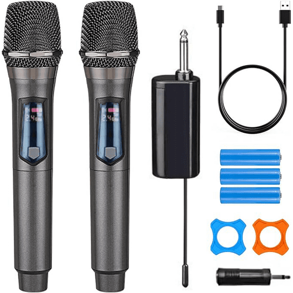 Wireless Microphone, Rechargeable Fixed Frequency Wireless Dual Microphone,Handheld Dynamic mic,Karaoke Singing, Weddings DJ,Party, Church, Classroom use, 200 feet, Gray.