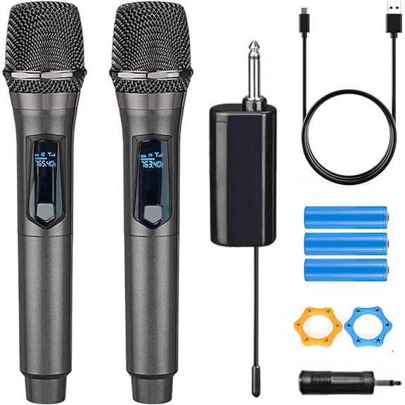 Wireless Microphone, Rechargeable Fixed Frequency Wireless Dual Microphone,Handheld Dynamic mic,Karaoke Singing, Weddings DJ,Party, Church, Classroom use, 200 feet, Gray.