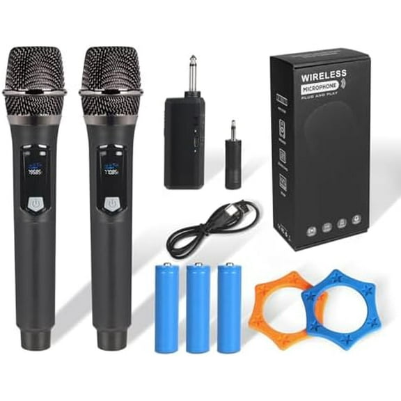Wireless Microphone Set for Sing, Speech and Activities, 2.4GHz Dual Cordless with Rechargeable Receiver with 200ft Range, Metal Microphone 2 Pack for Karaoke, Party, PA System (Black)$$Music