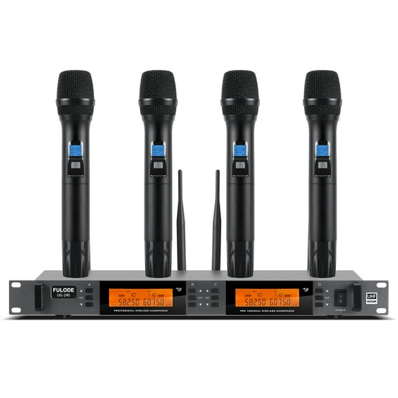Wireless Microphone System 4 Channel, UHF Metal Cordless Handheld Mics Set - 200 Adjustable Frequencies, Auto Scan & Memory Function, 300ft Range, Ideal for Karaoke Church Wedding