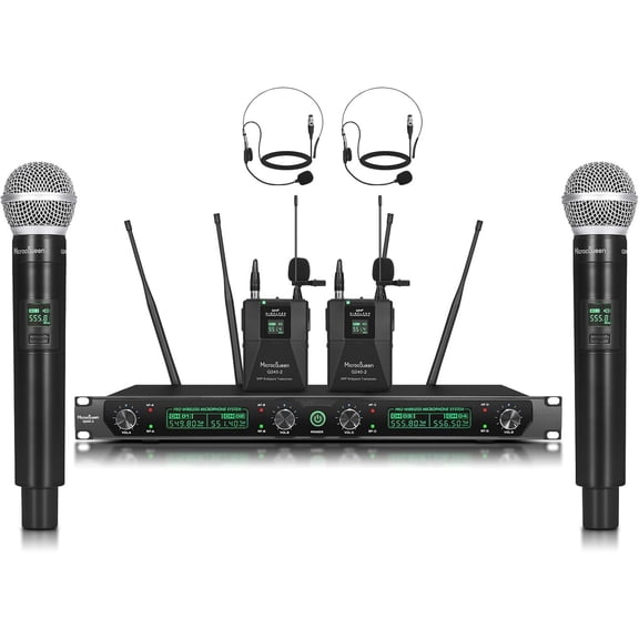 Wireless Microphone System, 4-Channel UHF Professional Mic, Auto Pairing Metal Cordless Mics with 2 Handheld & 2 Bodypack, 400ft Range, Ideal for Singing, Karaoke, Party, Wedding, Concert
