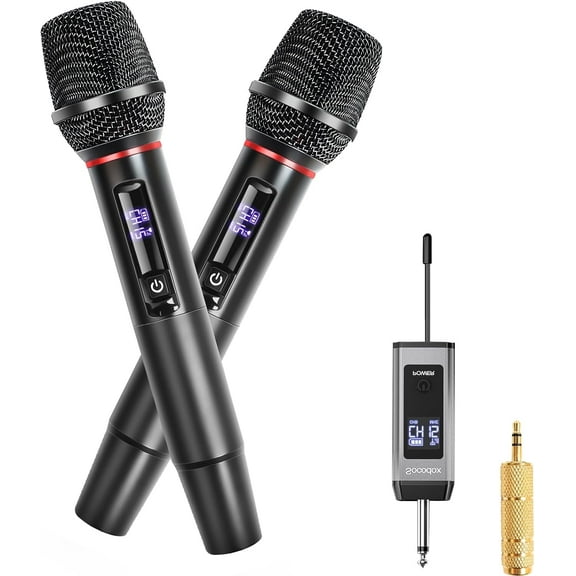 Wireless Microphone System for Karaoke, Dual UHF Metal Wireless Mic with Rechargeable Receiver, for PA System, Speaker, Party, DJ, Wedding, Church (Black)