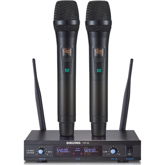 Wireless Microphone System, Metal Dual Pro UHF Cordless Dynamic Mic, 2x30 Adjustable Frequencies, Handheld Microphone System for Home Karaoke, Meeting, Church, 300ft Range (2 Handheld)