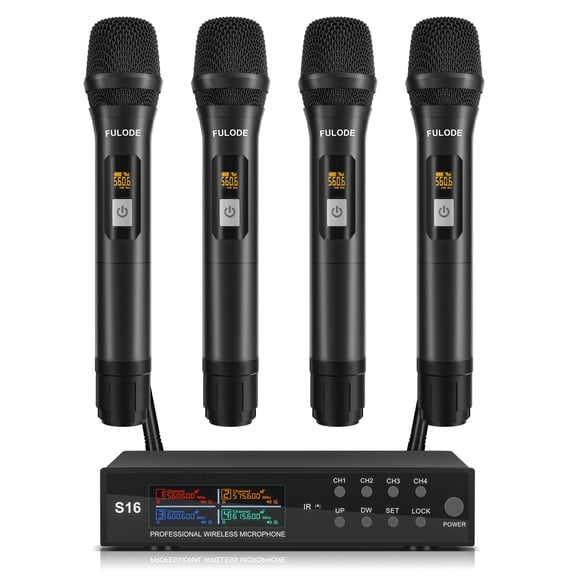 Wireless Microphone System, Pro 4 Channel UHF Mics Set with Metal Cordless Handheld Mics & Receiver, 200 Adjustable Frequency, 300ft Range for Singing, Church, Karaoke, Party