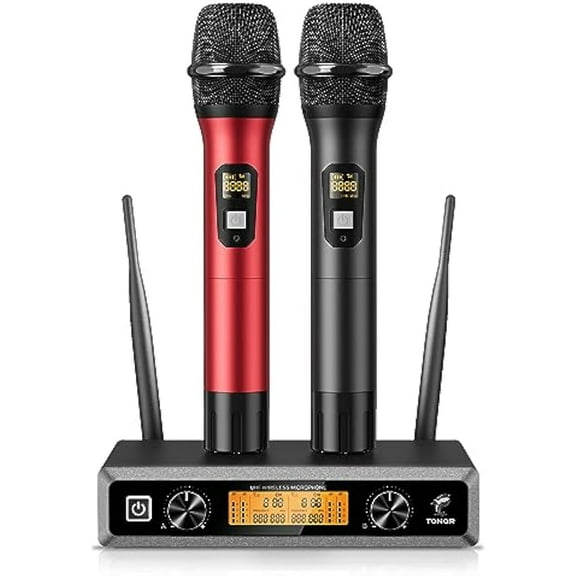 Wireless Microphone System, TONOR Professional Metal Cordless Karaoke Microphones, Handheld Dynamic Mic Set w/ Receiver for Party, Meeting, KTV, Church, DJ, Wedding, Singing, 200ft, TW820 Black &Red