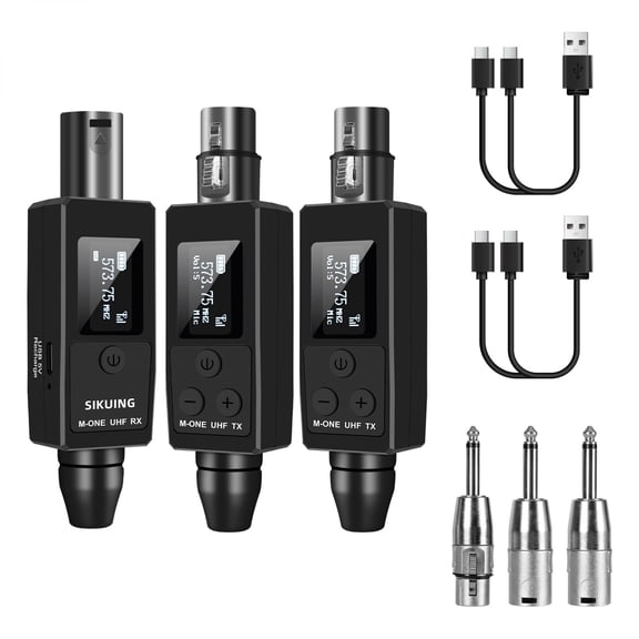 Wireless Microphone System UHF Professional XLR Transmitter+Receiver, Supports Dynamic/Condenser Microphones & 48V Phantom Power, Suitable for Electric Guitar, Bass, Mixers, PA Systems (One drag two)