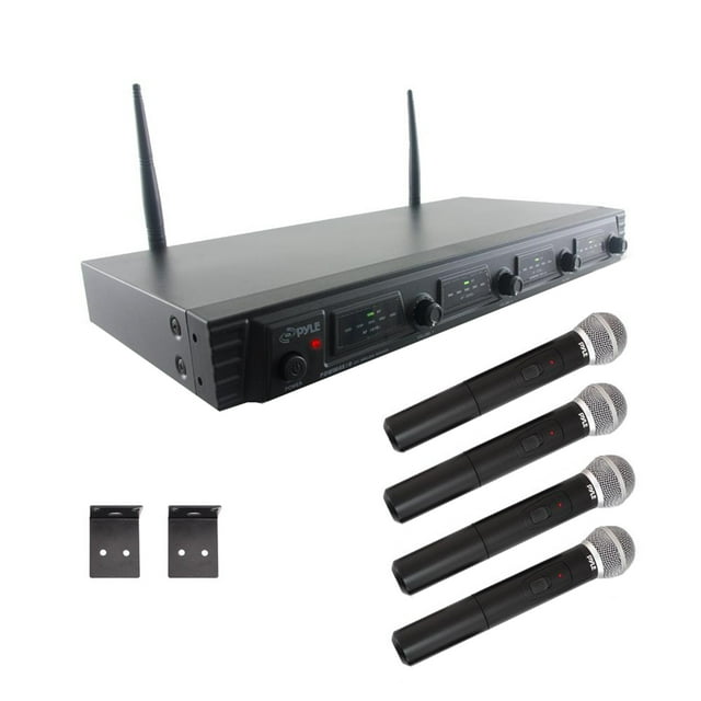 Wireless Microphone System, UHF Quad Channel Fixed Frequency, Rack Mountable, Includes (4) Handheld Microphones