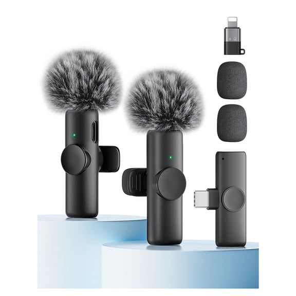 Wireless Microphone for iPhone iPad and Android Phone, 2 Pack Wireless Lavalier Lapel Mic with Noise Reduction, Plug and Play Mini Microphone for Video Recording Interview YouTube TikTok Vlog