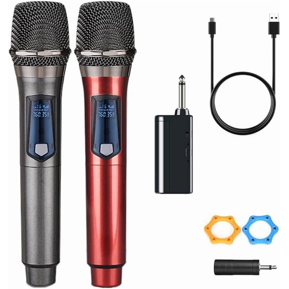 Wireless Microphones, Dual Handheld Dynamic Wireless Mic for Karaoke, Wedding, DJ, Party, Speech, Church, Class, PA System, 200ft, Gray & Red