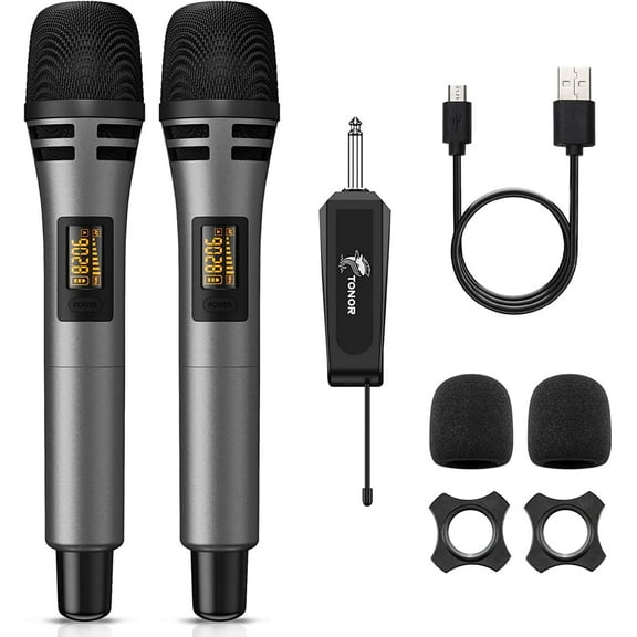 Wireless Microphones, TONOR UHF Dual Karaoke Microphone System, Microfonos Inalambricos TW320 Grey