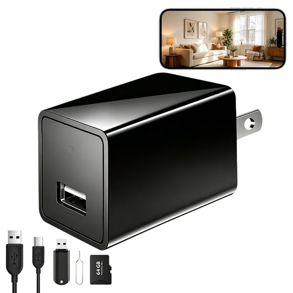 Wireless Mini Charger Camera Type C Full HD 1080P Video, Small Indoor Outlet Security Cam for Home and Office Monitoring, Wall Plug-in Tiny Camera with 64GB Micro SD Card