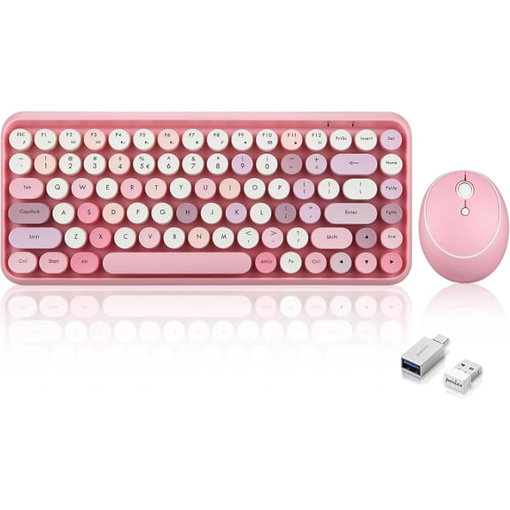 Wireless Mini Keyboard and Mouse Combo, Retro Round Keycaps, Pastel Pink, US English Layout