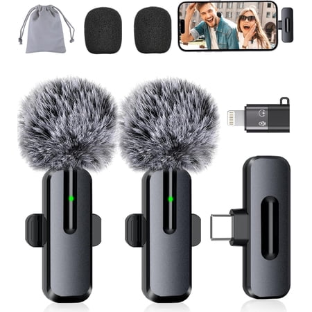 Wireless Mini Microphone for iPhone - 2 Pack Lavalier Bluetooth Microphone for Video Recording, 2 in 1 Noise Reduction Lapel Mic for Ipad, Android,Clip-on Mini Mic for Content Creators Podcast