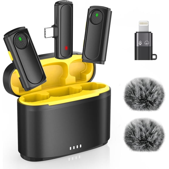 Wireless Mini Microphone for iPhone - 2 Pack Lavalier bluetooth Microphone for Video Recording, 2 In 1 Noise Reduction Lapel Mic for Android, Clip on Mini Mic for Content Creators