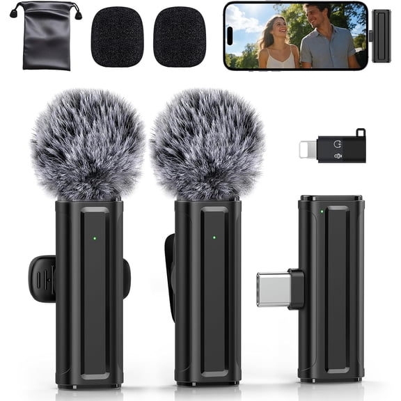 Wireless Mini Microphone for iPhone, iPad, Android, 2 Pack Lavalier Mic with 360 Rotatable Clip, Plug and Play Noise Reduction USB-C Mic for Video Recording YouTube TikTok Podcast Content Creators