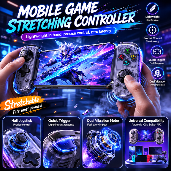 Wireless Mobile Gaming Controller with RGB Light, Hall Effect Joystick, Bluetooth 5.3 Low Latency, Turbo Mode, Dual Vibration, Wireless/Wired mode Stretchable Design for Android/iOS/Switch/PC