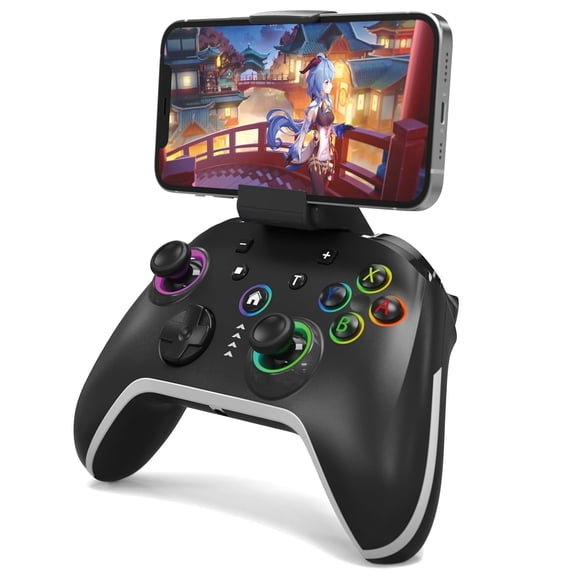 Wireless Mobile Gaming Controller for iPhone/Android//Laptop, Wired Control PC/Steam, Programmable Game Gamepad with Phone Clip Gamer, RGB Lighting Effect/Turbo/Vibration