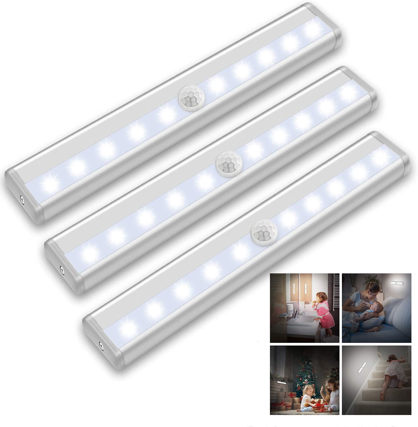 Wireless Motion Sensor Cabinet Lights 10-LED Closet Lights LED Under Cabinet Lighting for Wardrobe/Drawer/Stairs/Cupboard,Stick On Anywhere,3 Pack
