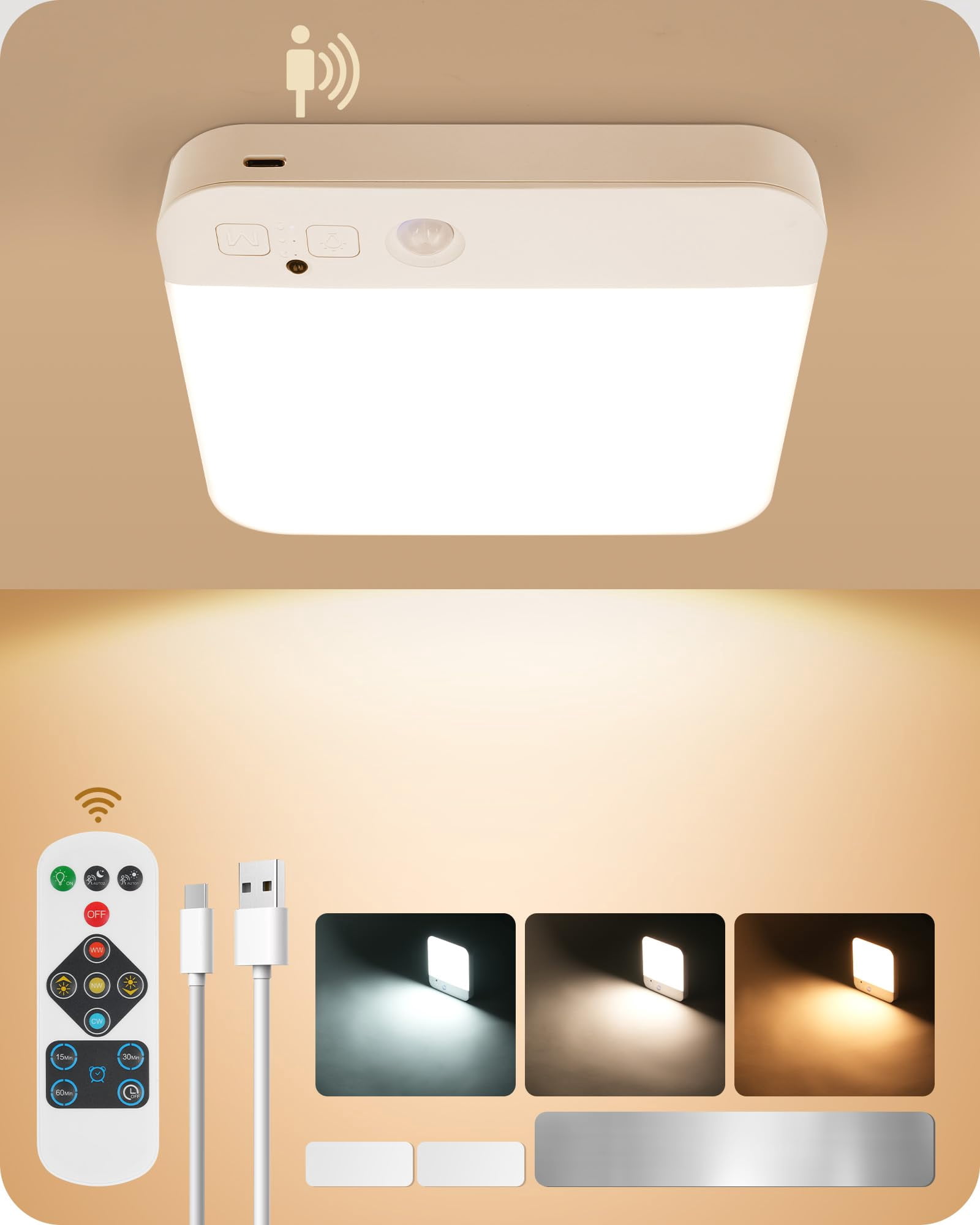 Wireless Motion Sensor Ceiling Light with Remote Control - Battery ...