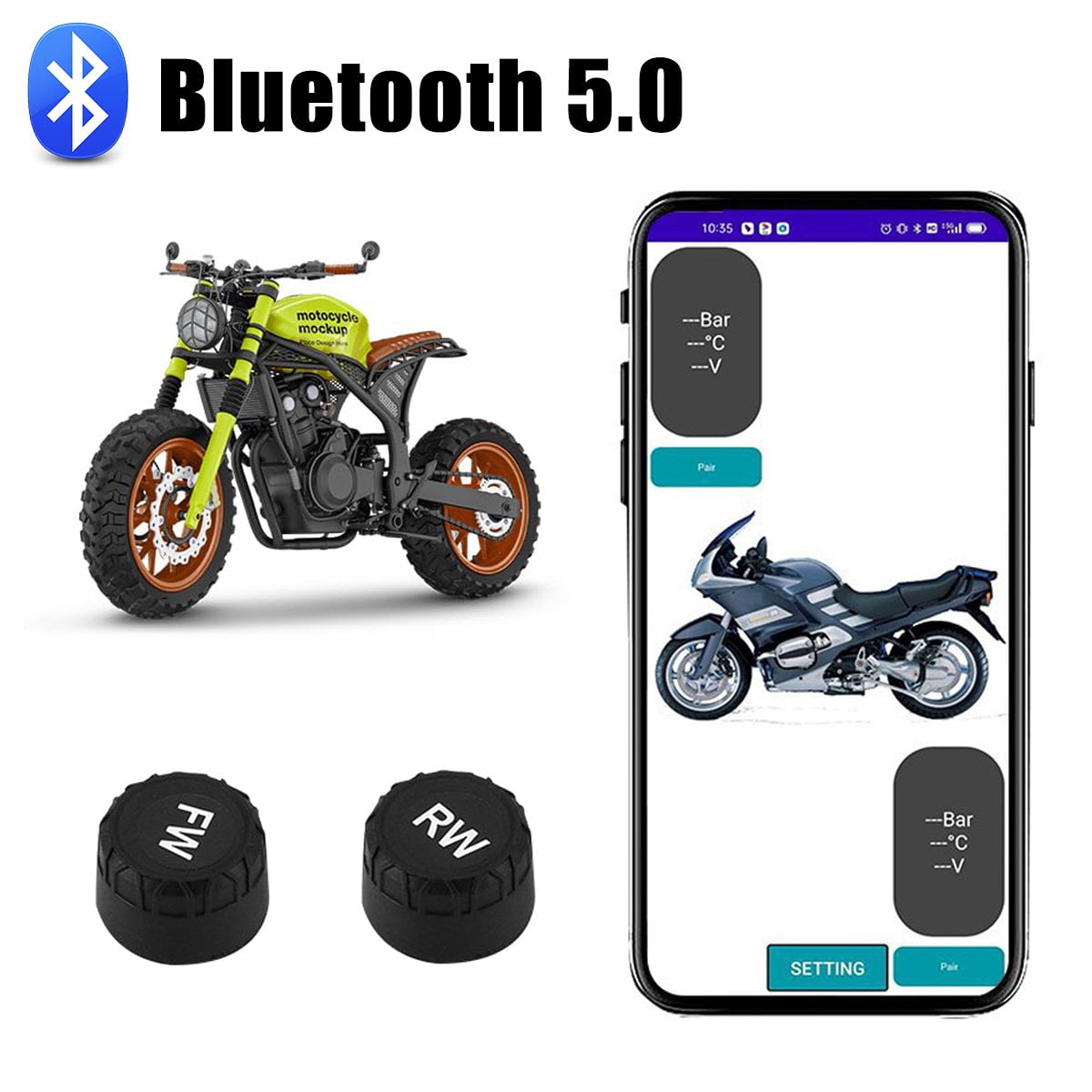 Wireless Motorcycle TPMS Bluetooth Tire Pressure Monitoring System with 2 External Sensors