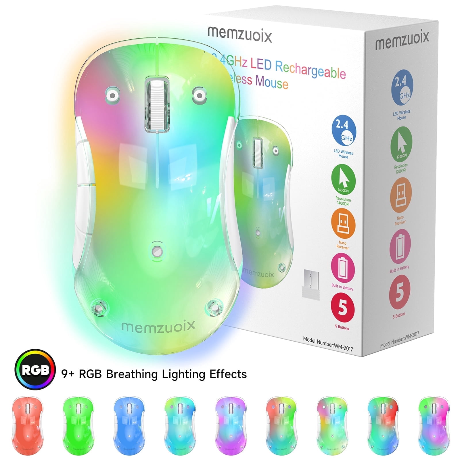 memzuoix LED Rechargeable Wireless Mouse, 9-Color Gradient RGB Light ...