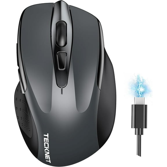Wireless Mouse (BT5.0/3.0 & 2.4G) Rechargeable 4800 DPI Silent USB A & Bluetooth Mouse 6 Buttons, Wide Compatibility - Grey