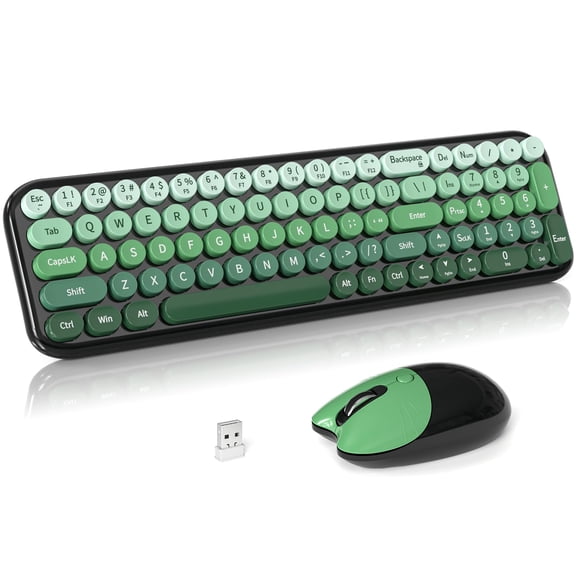 Wireless And Mouse Combo  2.4ghz Colorful Full-size Retro Typewriter With Cat Shape 3 Level Adjustable Optical For Pc/desktop/laptop/windows (black Green)