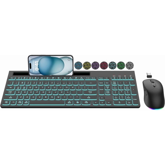 Wireless and Mouse Combo, 7 Backlit Effects, Light Up Letters, Rechargeable, Phone Holder, 6 Button Mouse, Ergonomic Tilt Angle, 2.4GHz Silent USB Mouse for Laptop, Computer, PC