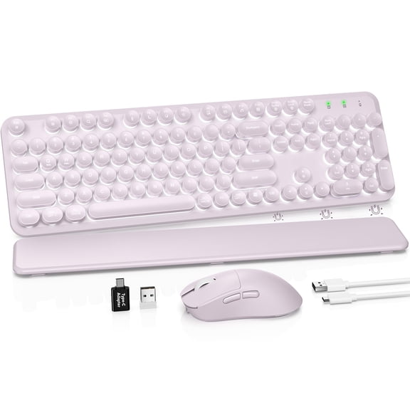 Wireless And Mouse Combo  Backlit Round Keycaps Retro Typewriter With Magnetic Wrist Rest Usb-c Rechargeable & Tilt 2.4ghz Cordless For Windows Pc (glowing Pastel Purple)