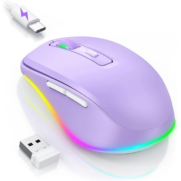 Wireless Mouse Jiggler - LED Wireless Mice with Build-in Mouse Mover, Rechargeable Moving Mouse for Laptop with Undetectable Random Movement Keeps Computers Awake - Purple