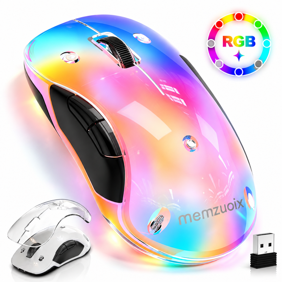 Wireless Mouse LED Rechargeable Computer Mice with 9 Color LED Lights,DIY Mouse Shell,2.4G USB Receiver,Long Battery Life, Gaming Mouse Wireless for PC Laptop Windows (White&Clear)