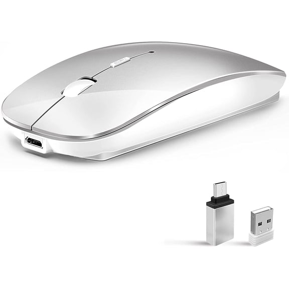 Wireless Mouse for Laptop, Bluetooth Mouse for MacBook Pro/Air/Mac/iPad/Chromebook/Computer -Rechargeale Dual Mode(USB 2.4Ghz + Bluetooth 5.2) Silent Cordless Mice with USB C Adapter,Silver