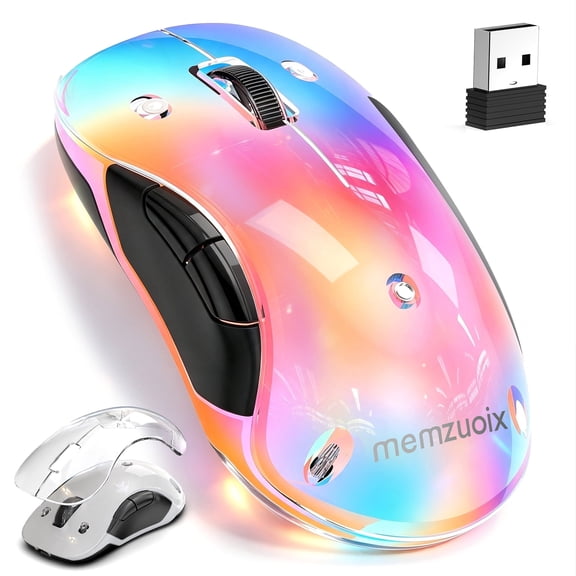 Wireless Mouse, Customizable Mouse Shell, Rechargeable with 9-Color Backlight, 1400 DPI, 2.4G USB, 5 Buttons, Long Battery Life, Wide Compatibility for PC, Laptop, Mac, PS5, and Tablet(White&Clear)