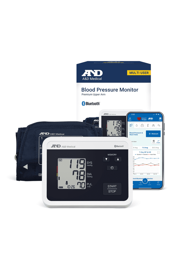 A&D Medical Bluetooth Blood Pressure Monitor, Upper Arm, Medium Cuff, Digital, Heart Rate Detection (UA-770BLE)