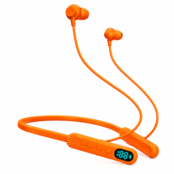 Wireless Neckband Bluetooth Headphones with LED Power Display, Built-In MP3 Player, IPX4 Waterproof, Dual Device Connection, Orange